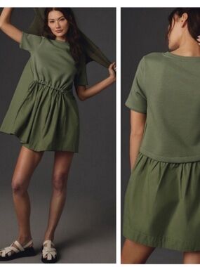Anthropologie Pilcro Moss Green Sweatshirt Twofer Mini Dress Toggle Waist EUC